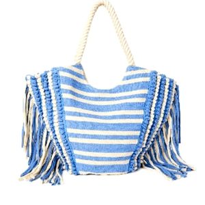 NWT Time and Tru Blue Fringe Woven Tote | Rope Handles | Inner Pocket